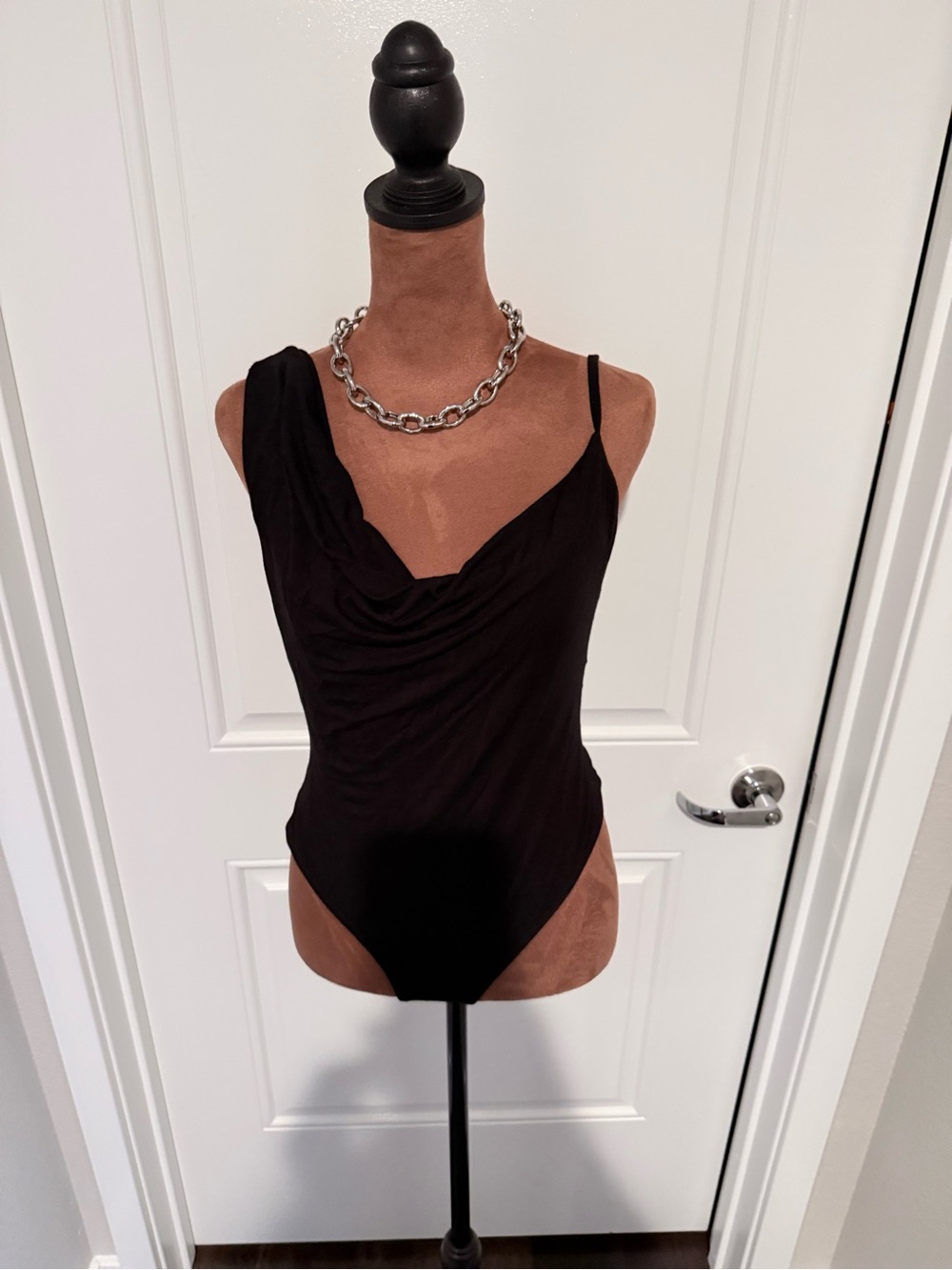 Black Asymmetrical Draped Bodysuit Size Large Never Worn